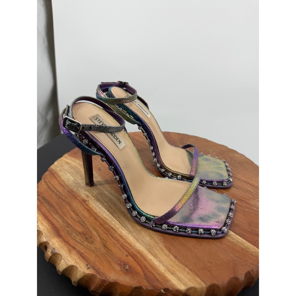 Steve Madden Zelle‎ Heeled Sandals sz 7M Purple Iridescent Rhinestone Square Toe